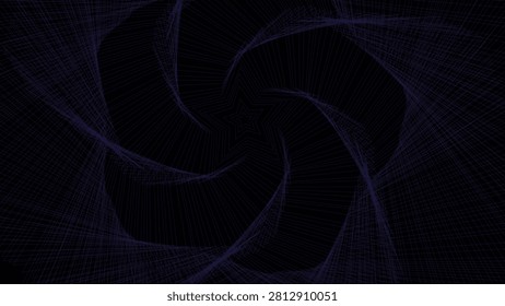 Abstract spiral fractal pattern with fine intersecting deep blue violet lines black background symmetry depth motion modern vector design