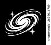 Abstract Spiral Galaxy Logo Design in Black and White. Minimalist Milky Way Illustration with Stars. Cosmic Spiral Swirl Icon on Dark Background. Space Galaxy Vector Emblem in Monochrome.