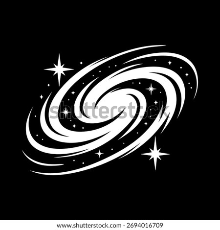 Abstract Spiral Galaxy Logo Design in Black and White. Minimalist Milky Way Illustration with Stars. Cosmic Spiral Swirl Icon on Dark Background. Space Galaxy Vector Emblem in Monochrome.