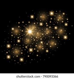 Abstract spiral galaxy, outer space, isolated on black background, light effect, sparkling dust, golden color