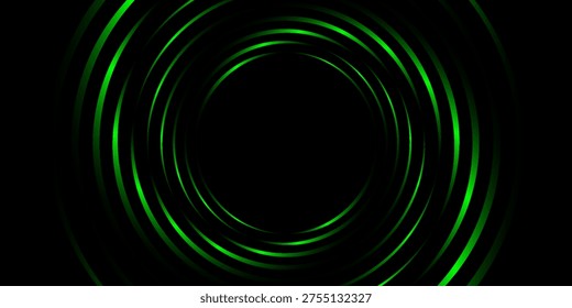 Abstract spiral halftone pattern with green gradient dots on black background. Futuristic, modern, and eye-catching design perfect for digital art, backgrounds, or technology themes.