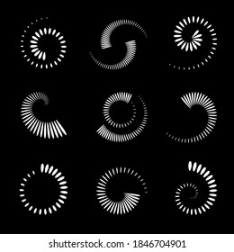 Abstract spiral icons. White design elements set on black background. Vector art.