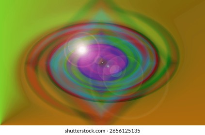 Abstract spiral with layered circles, glowing lens flare, and transparent reflections over an orange-green backdrop. Great for tech visuals, fantasy art, or sci-fi designs