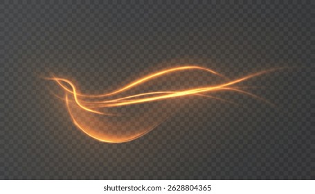 Abstract spiral light path in shining gold style with soft shimmer and particle effects on transparent background. Used for energy concepts, digital technology design, user interface elements.