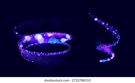 Espiral abstrata de partículas luminosas e trilhas de luz sobre fundo vetorial escuro, simbolizando fluxo de dados, transformação digital, energia, inteligência artificial e conceito de informação de alta velocidade