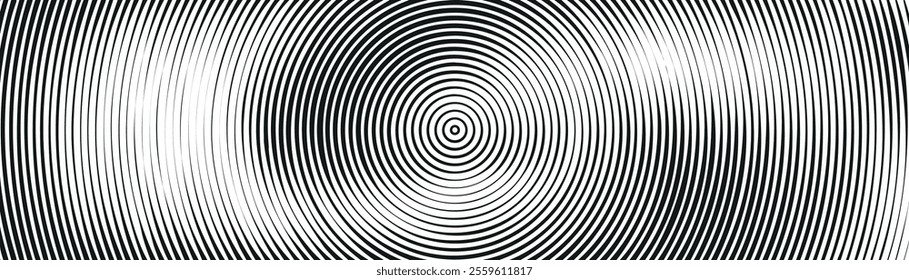 Abstract spiral pattern background with concentric circular shapes and radial effect. Black and white geometric design with ripple twist. Flat vector illustration isolated