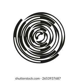 Abstractas patrón en espiral. Líneas concéntricas negras. Diseño de rotación dinámica. Vector elemento minimalista.