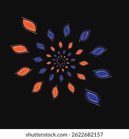 Abstract Spiral Pattern with Blue and Orange Petals on Black Background"
