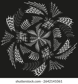 Abstract spiral pattern. Geometric swirl design. Vector motion graphic. Dark monochromatic art.