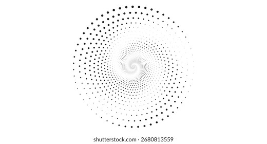Padrão espiral abstrato feito de pontos pretos, criando um design concêntrico, girando com um efeito de gradiente.
