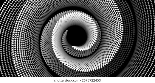 Abstraktes Spiralmuster aus weißen Punkten auf schwarzem Hintergrund. Der dynamische, optische Täuschungseffekt schafft Tiefe und Bewegung, perfekt für modernes Design, Poster oder digitale Kunstprojekte.