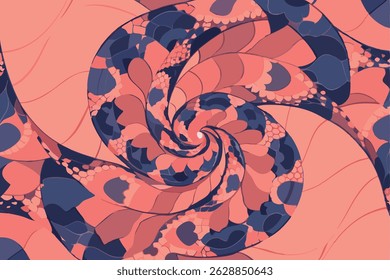 Abstract spiral pattern in shades of coral and navy blue on transparency
