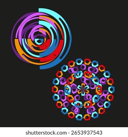 Abstractas patrones en espiral. Círculos concéntricos coloridos. Arte geométrico dinámico. Vector ilustración vibrante.