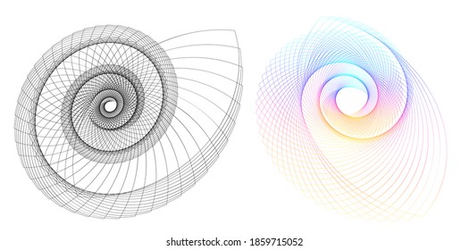 Resumen del elemento de diseño de arco iris espiral sobre fondo blanco de líneas de torsión. Ilustración vectorial 10 Relación de oro proporciones tradicionales icono vectorial Fibonacci espiral. para una elegante tarjeta de visita