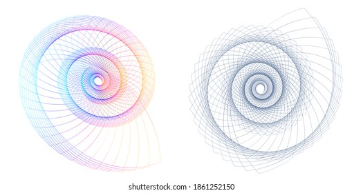 Resumen del elemento de diseño de arco iris espiral sobre fondo blanco de líneas de torsión. Ilustración vectorial 10 Relación de oro proporciones tradicionales icono vectorial Fibonacci espiral. para una elegante tarjeta de visita