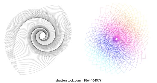 Resumen del elemento de diseño de arco iris espiral sobre fondo blanco de líneas de torsión. Ilustración vectorial 10 Relación de oro proporciones tradicionales icono vectorial Fibonacci espiral. para una elegante tarjeta de visita