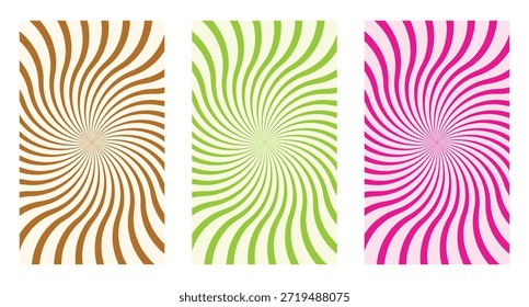 Conjunto de póster Abstractas de rayos en espiral. Fondos ópticos de remolino verde y rosa marrón. Arte de pared moderno audaz para uso creativo del Diseño gráfico.