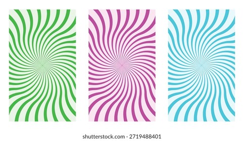 Conjunto de carteles Abstractas de rayos en espiral. Las líneas de remolino verde, rosa y azul crean un arte óptico audaz. Fondos gráficos modernos para decoración de paredes y diseños creativos.