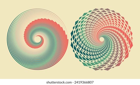 Abstract spiral round dotted vortex minimalist retro color creative background.