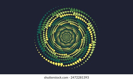 Abstract spiral round logotype flower background in dark color. minimalist style dotted spiral Mandala.Abstract geometric art circle background, logo. circle as endless symbol. small glowing particles