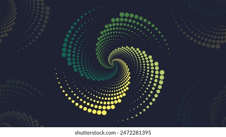 Abstract spiral round logotype flower background in dark color. minimalist style dotted spiral Mandala.Abstract geometric art circle background, logo. circle as endless symbol. small glowing particles