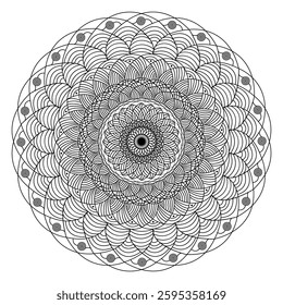Abstract spiral round minimalist mandala in black and white.