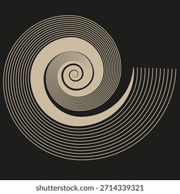 Abstrakte Spiralform. Beiger Linienwirbel. Fibonacci-Kurve Vektor. Dunkles Hintergrundelement. EPS 10.