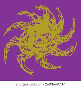 Abstract spiral shape. Dynamic vortex. Hand drawn linear doodle rough sketch. Yellow silhouette on purple background.