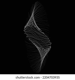 Abstract spiral shape form made from lines and dots illustration. Spiral sound wave rhythm line dynamic abstract vector background. Human DNA spiral. White vector shapes on black background