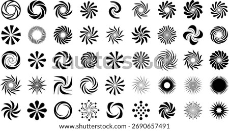 Abstract spiral shapes collection in black and white, modern geometric swirl icons set, minimal symbol design — abstract, swirl, geometric, icon, shape, pattern, modern
