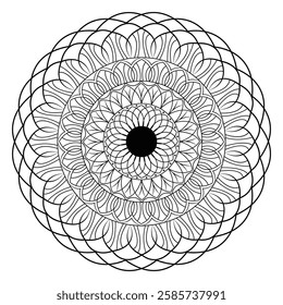 Abstract spiral simple mandala design in black and white background.