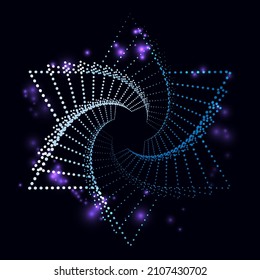 Abstract spiral six pointed star shape made of halftone dots, white blue color glittering sparks, vector illustration on dark background