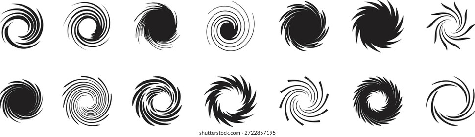 Abstractas conjunto de espiral con Formas de vórtice dinámicas y líneas de movimiento circulares. Las curvas giratorias negras crean un remolino energético y efectos de viento sobre el fondo blanco. Ideal para diseño abstracto, Gráficos para video, logotipos e ilustraciones creativas.