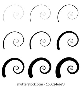 Abstract spiral, twist. Radial swirl, twirl curvy, wavy lines element. Circular, concentric loop pattern. Revolve, whirl design. Whirlwind, whirlpool illustration