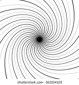 Abstract spiral, vortex background with thin, radiating lines. Monochrome background in square format.