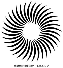 Abstract spiral, vortex element. Radiating, radial bent lines. Monochrome element isolated on white.