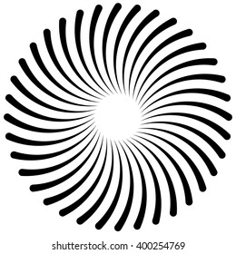 Abstract spiral, vortex element. Radiating, radial bent lines. Monochrome element isolated on white.