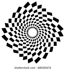 Abstract spiral, vortex element with radiating rectangle shapes. Rotating monochrome, black and white graphic