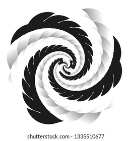 Abstract spiral wavy shape. Abstract black and white striped round object vector. Escher style. The style of optical visual illusions - pop art.Surrealism. 