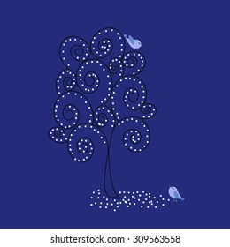 Abstract spiral winter tree, template for card with birds