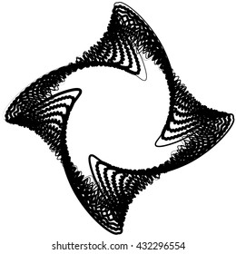 Abstract spirally, monochrome element on white with overlapping shapes.