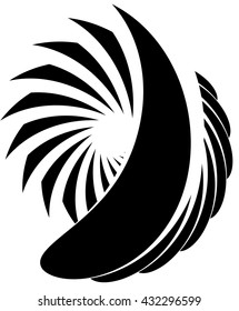 Abstract spirally, monochrome element on white with overlapping shapes.