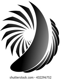 Abstract spirally, monochrome element on white with overlapping shapes.