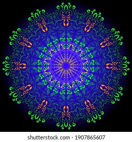 fondo de símbolo espiritual abstracto, patrón, mandala fractal con colores negro, azul y verde