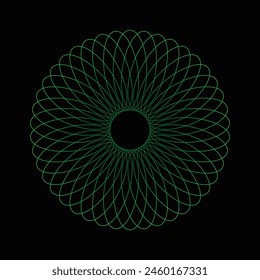 Abstrakte Spirographie, parabolische Linienkurve in Kreisform. Vektorgrafik Bild. Runde Musterfarbe auf schwarzem Hintergrund.