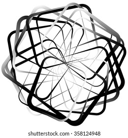 Abstract spirograph like shape with rotating squares, monochrome twirling design element