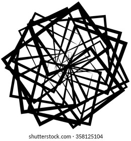 Abstract spirograph like shape with rotating squares, monochrome twirling design element