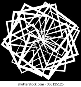 Abstract spirograph like shape with rotating squares, monochrome twirling design element
