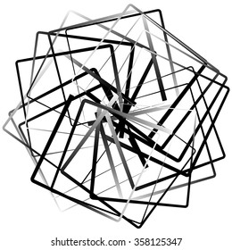 Abstract spirograph like shape with rotating squares, monochrome twirling design element