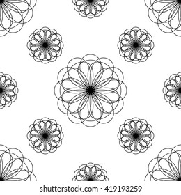 Abstract spirograph thin line monochrome seamless pattern. Black and white. Vector illustration
